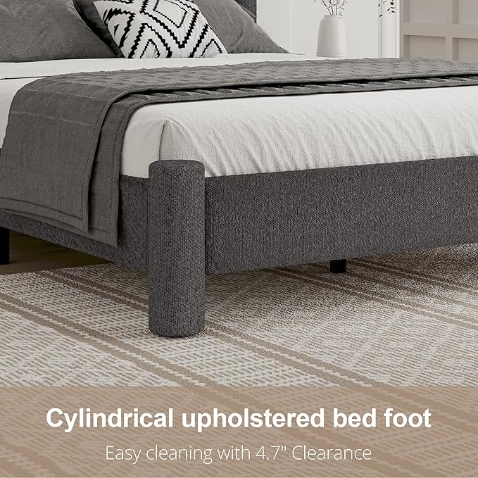 Twin Size Bed Frame, Boucle Upholstered Platform Bed with Headboard and Footboard, Soft Rounded Corners, No Box Spring Required, Easy Assembly, Dark Grey