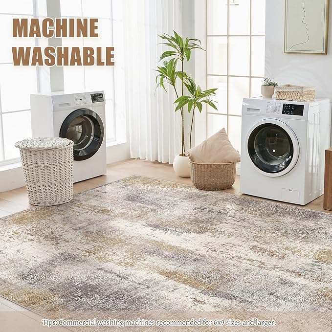 Area Rug Living Room Rugs - 6x9 Washable Soft Indoor Neutral Modern Abstract Low Pile Rug Carpet for Bedroom Dining Room Farmhouse Home Office - Brown Grey