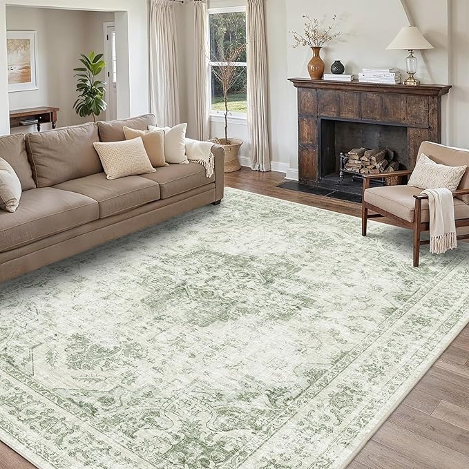 8x10 Vintage Washable Area Rugs Boho Medallion Large Distressed Retro Accent Carpet Floral Non-Slip Soft Low Pile Indoor Throw Rug for Living Room Bedroom Dining Room Office Kitchen, Green