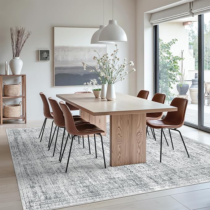 9x12 Area Rugs for Living Room, Non Slip Machine Washable Vintage Rugs, Low Pile Lightweight Large Rug for Bedroom, Dining Room, Home Office Grey