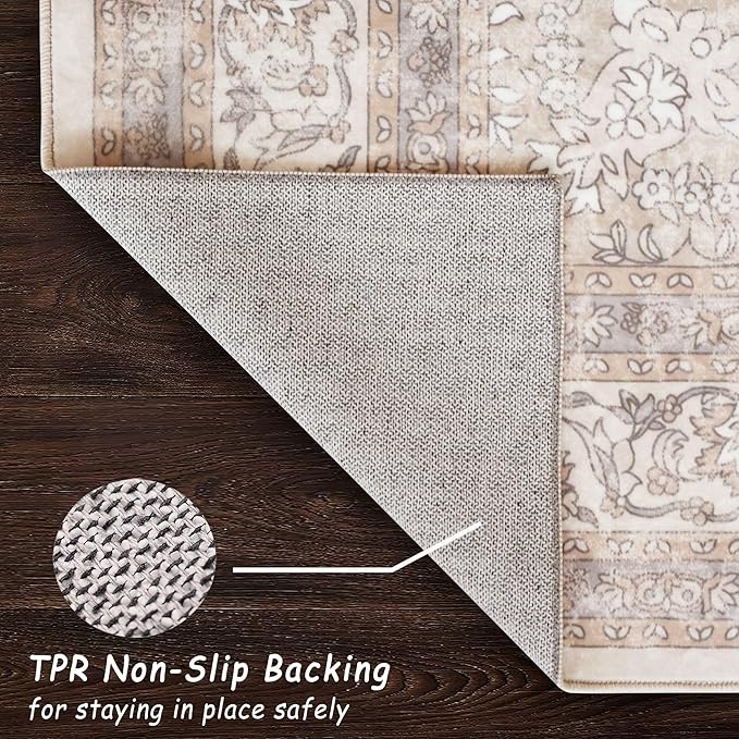 vivorug 8x10 Neutral Area Rugs for Living Room, Non-Slip Backing Washable Rug 8x10, Beige Large Area Rug Soft Carpet for Bedroom Dining Room, Vintage, Easy Clean, Durable, Low Pile Rug Under Table