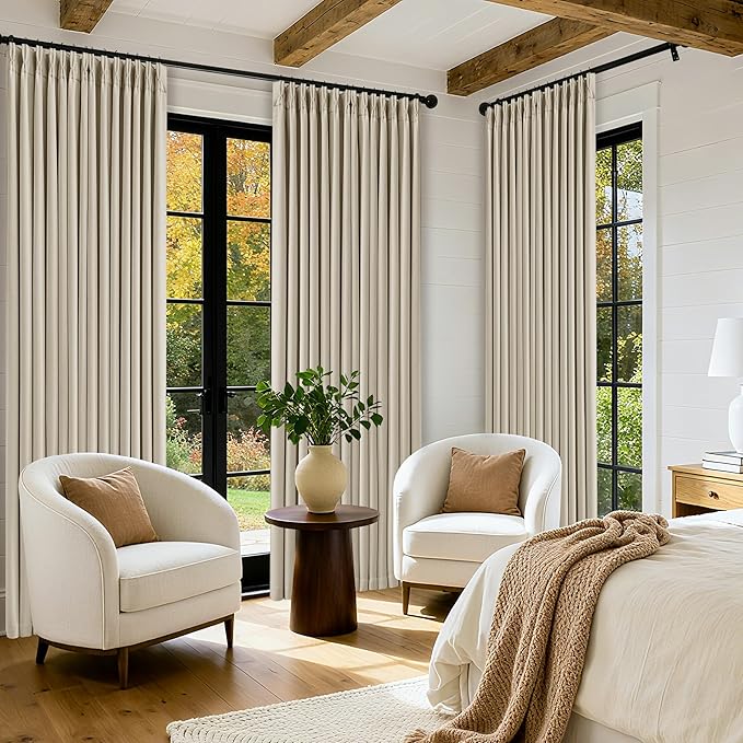 Pinch Pleat Beige 120 Inch Blackout Curtains for Living Room 2 Panels Set 100% Black Out Flax Burlap Beige Oatmeal Pleated Drapes Room Darkening Extra Long Luxury High Ceiling Windows Curtain 10FT