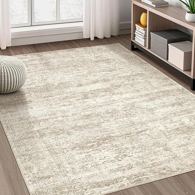 Area Rug Living Room Rugs - 6x9 Abstract Large Soft Indoor Washable Rug Neutral Modern Low Pile Carpet for Bedroom Dining Room Farmhouse Home Office - Vintage Beige
