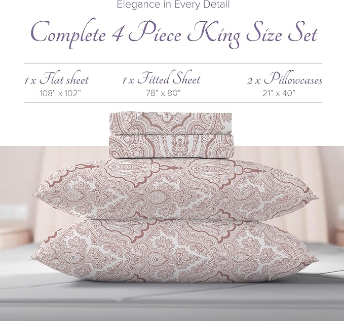 Carressa Linen Luxury Egyptian Cotton King Printed Sheet Set - 600 Thread Count Extra Long Staple 4 PC Set, Paisley Blush King Printed Sheets, Soft, Cooling Sateen Weave Sheets Upto 18 in Deep Pocket