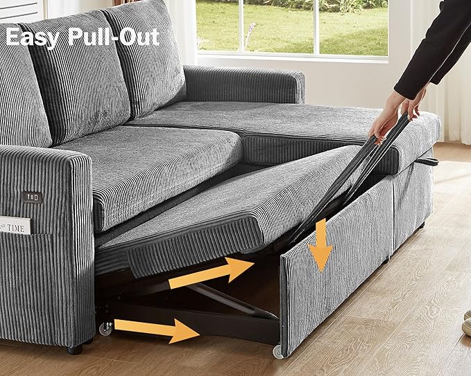 Vipbear 80" Sectional Sleeper Sofa Bed with Pull Out Bed, L Shaped Couch Pull Out Couch with Reclining Backrest, Reversible Storage Chaise, USB Ports, Tool-Free Assembly, Corduroy Grey