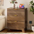 30.5" Nightstand with Charging Station, 3-Drawer Fluted Bedroom Chest, Wood Bedside Dresser with Power Outlets and USB Ports, Stable Base, Modern Storage Cabinet for Small Spaces