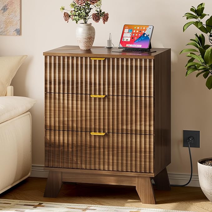30.5" Nightstand with Charging Station, 3-Drawer Fluted Bedroom Chest, Wood Bedside Dresser with Power Outlets and USB Ports, Stable Base, Modern Storage Cabinet for Small Spaces