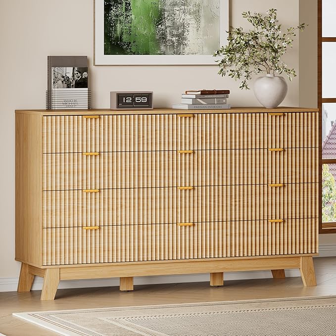 57" Wide Dresser for Bedroom, 12-Drawer Fluted Dresser with Metal Handles, Wood Chest of Drawers with Smooth Slides and Stable Base, Modern Storage Cabinet for Living Room, Nursery