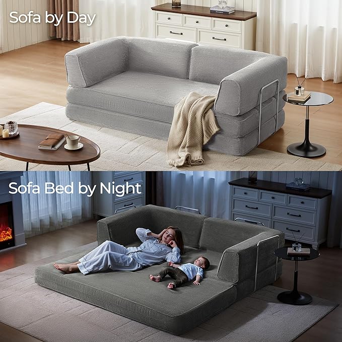 LINSY HOME 79'' Convertible Sofa Bed - Sleeper Sofa Compression Folding Loveseat Sleeper - Foldable Corduroy Couch Bed for Living Room Bedroom - Modular Sectional Compressed Sofa in Box, Grey