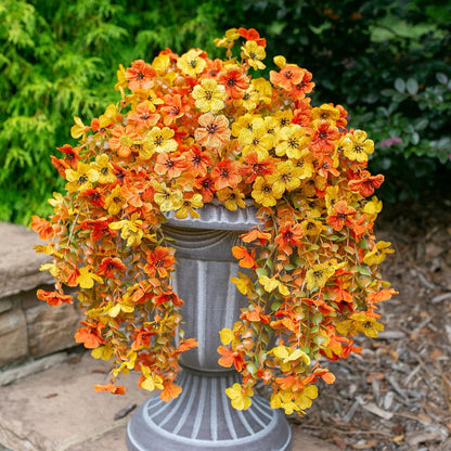 INSPRING Artificial Fall Flowers for Outdoors Decoration, 2Pcs Fake Fall Light Orange & Yellow Hanging Flowers, Faux Autumn Decor for Porch Patio Balcony Planter, Realistic Arrangement