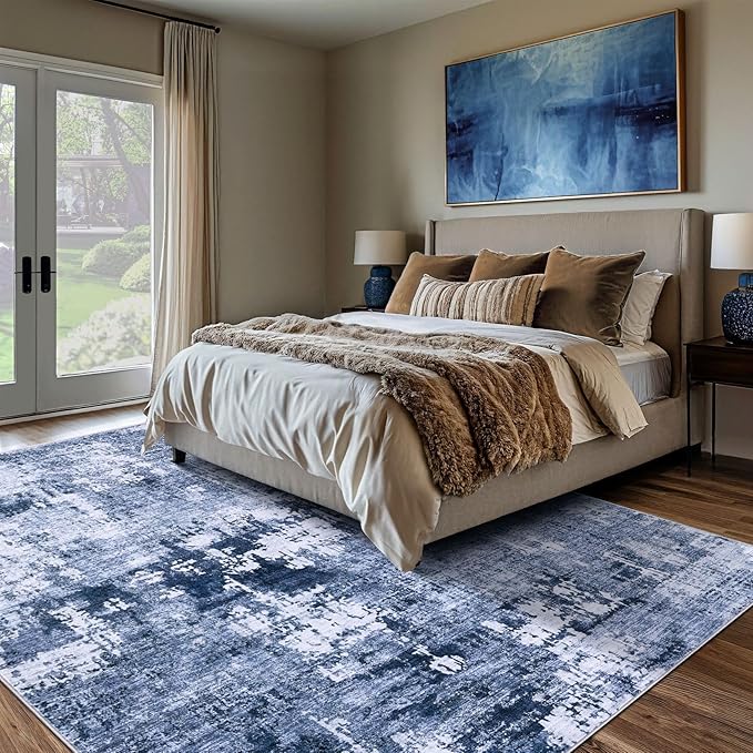Area Rug Living Room Rugs - 9x12 Washable Large Soft Indoor Neutral Modern Abstract Low Pile Rug Carpet for Bedroom Dining Room Farmhouse Home Office - Navy Blue