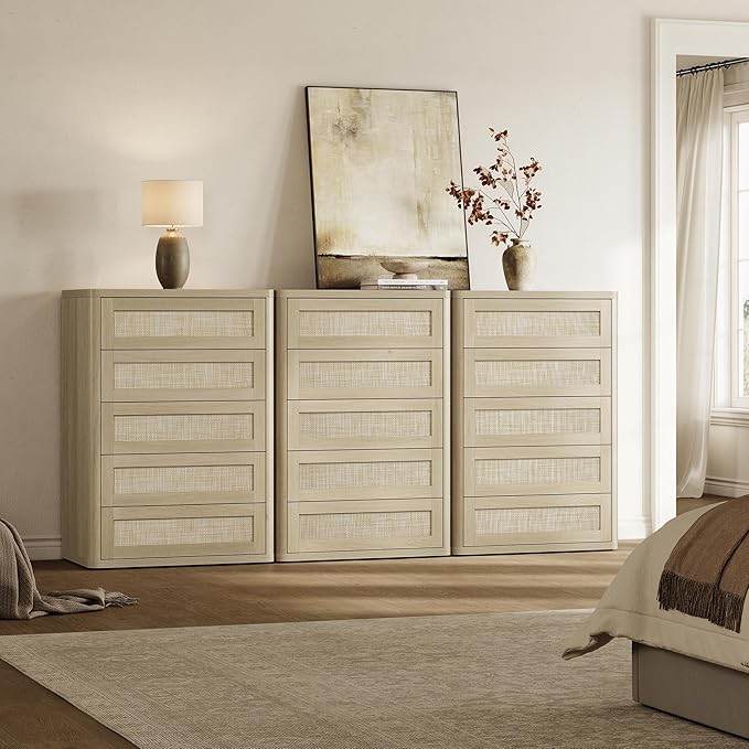 SICOTAS Tall Dresser for Bedroom - Rattan 5 Drawer Dressers Chest of Drawers with Push-to-Open Design, Boho Extra Deep Clothes Dresser with Large Storage for Closet, Living Room, Sand Oak, 3PCS
