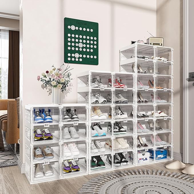 ANTBOX Foldable Shoe Rack,Shoe Organizers for Closet Plastic Shoe Storage Box Space Saving for Entryway, Large Sturdy Stackable Sneaker Cabinet Bins with Magnetic Clear Door 6 Tiers 12 Pairs