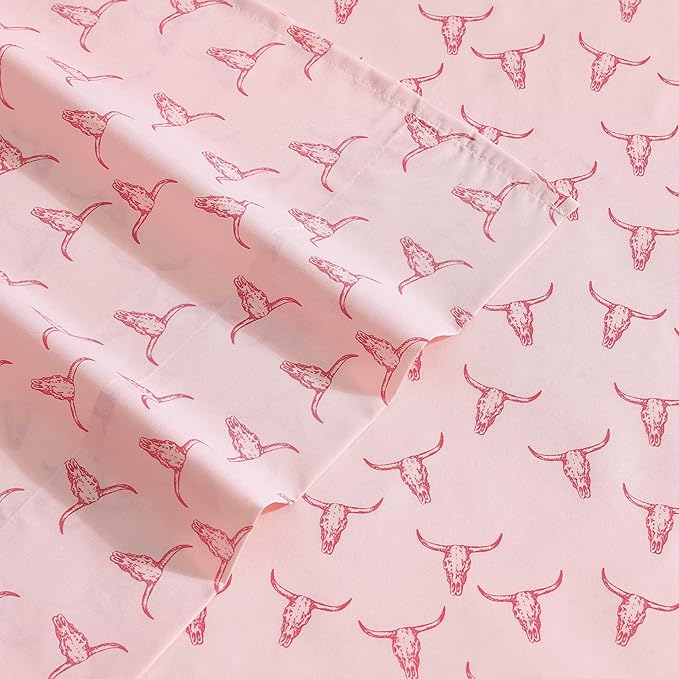 Wrangler - Twin Bed Sheets, Ultra-Soft & Lightweight Bedding with Matching Pillowcase, Lightweight Bed Set for All Season Comfort, Oeko-Tex Certified (Steer Skulls Pink)