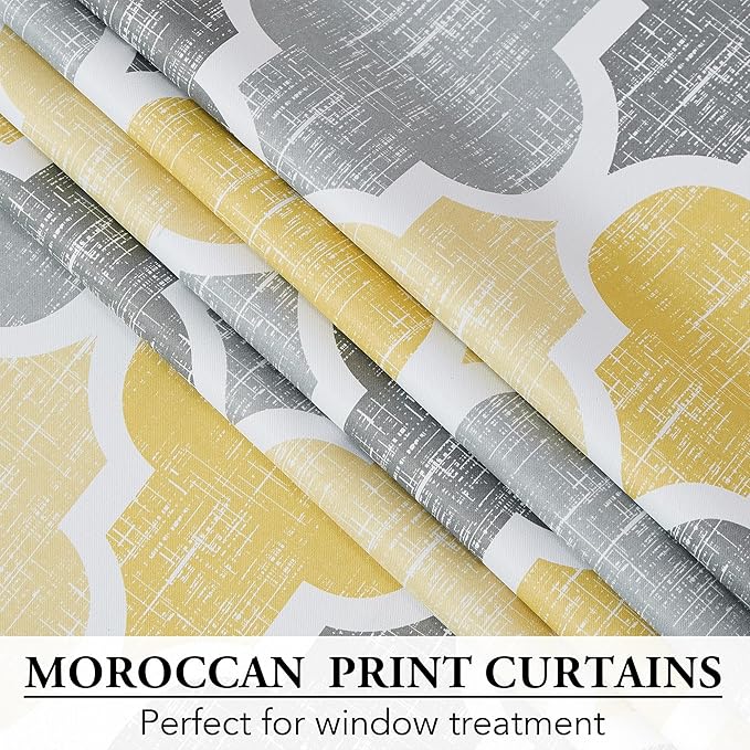 Beauoop 100% Blackout Curtains 96 Inches Long for Patio Sliding Door Yellow Grey Extra Wide Moroccan Geo Room Darkening Thermal Soundproof Room Divider Grommet Window Treatment Drapes,100x96 Set of 1