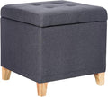 Adeco Fabric Storage Ottoman Bench with Solid Wood Legs, 17.7" Square Dark Grey Cotton Linen Cube Foot Stool, Upholstered Button Tufted Vanity Chair with Hinged Lid for Living Room, Bedroom, Dorm