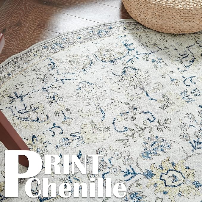 jinchan Kalen Round Rug 4ft Area Rug Washable Vintage Indoor Retro Accent Entryway Floor Cover Distressed Floral 4' Round Circle Boho Non Slip Thin Carpet for Bedroom Living Room Dining Room Blue