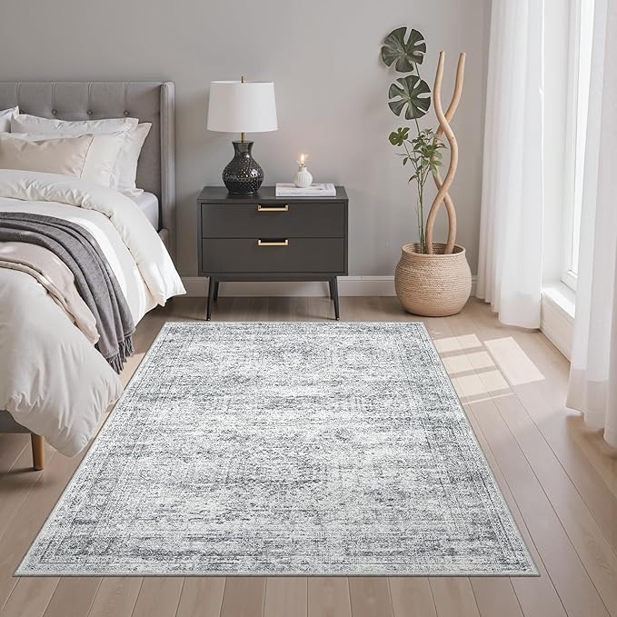 3x5 Rug, Small Area for Kitchen, Entryway, Machine Washable Non-Slip Throw Rug, Vintage Carpet for Nursery Coffee Table Grey