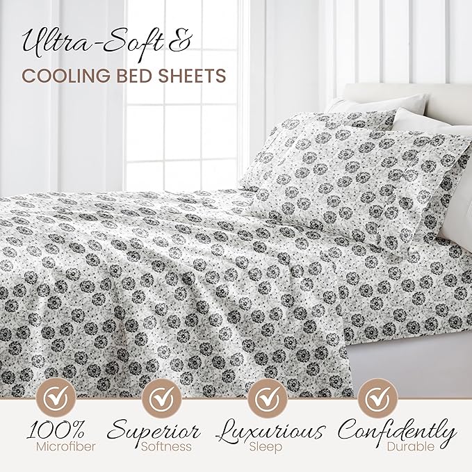 Linen Market 4 Piece King Sheet Set - Breathable, Double-Brushed Patterned Cooling Sheets – Oeko-TEX Certified Ultra Soft & Wrinkle-Free 16" Deep-Pocket King Sheets - Easy Care Make a Wish Light Gray