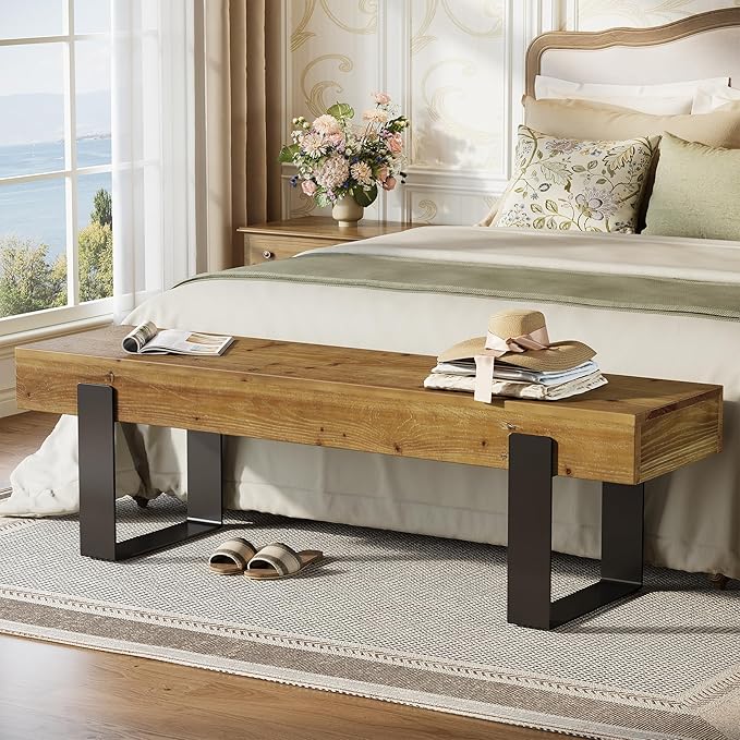 Solid Wooden Bed Bench, 63" Entryway Bench for Indoor Space, Farmhouse End of Bedroom Seat, Long Dining Seat for Dining Room, Entry, Mudroom