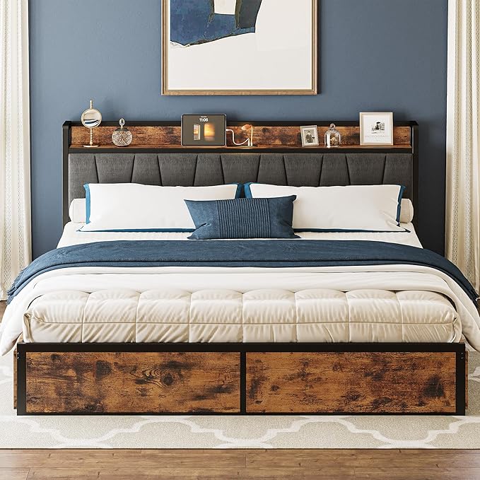 LIKIMIO California King Bed Frame with 4 Storage Drawers, Platform Bed with Charged Headboard, Sturdy and Stable, No Noise, No Box Spring Needed, Easy to Install, Vintage Brown and Gray