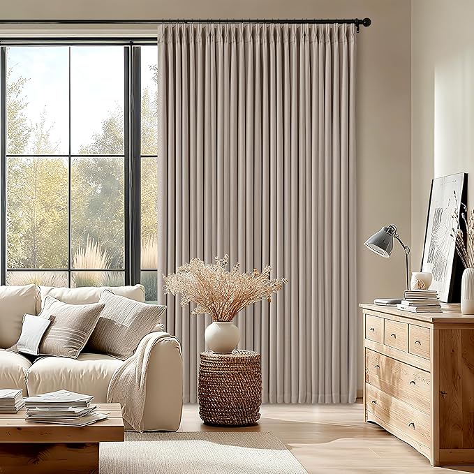 Extra Wide 70 Inch Burlywood Birch Blackout Bedroom Curtains 96 Inches Long Memory Trained Pinch Pleated Room Darkening Thermal Linen Textured Two Layer Drapes for Living Room Sliding Patio Door
