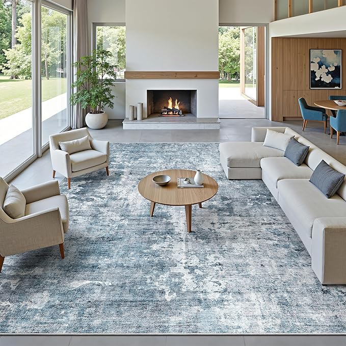 10x14 Area Rugs for Living Room, Non Slip Machine Washable Vintage Rugs, Low Pile Lightweight Large Rug for Bedroom, Dining Room, Home Office Blue