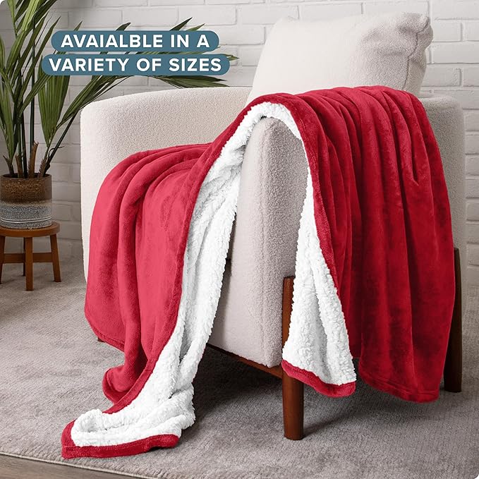 Bare Home Sherpa Fleece Blanket - Full/Queen Size - Blanket for Bed, Sofa, and Couch - Warm & Lightweight - Fluffy & Soft - Reversible (Full/Queen, Red)