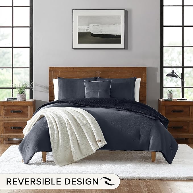 UGG Comforter Set 5 Piece Bed in a Bag with Throw Blanket, Decorative Pillow, Shams, and Reversible Comforter Hypoallergenic Washable Luxury Warm Fluffy Bedding Set, Navy Blue, King Size (Remina)
