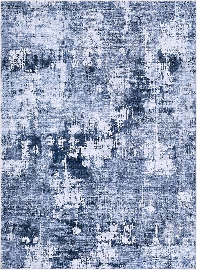 Area Rug Living Room Rugs - 7x9 Washable Large Soft Indoor Neutral Modern Abstract Low Pile Rug Carpet for Bedroom Dining Room Farmhouse Home Office - Navy Blue