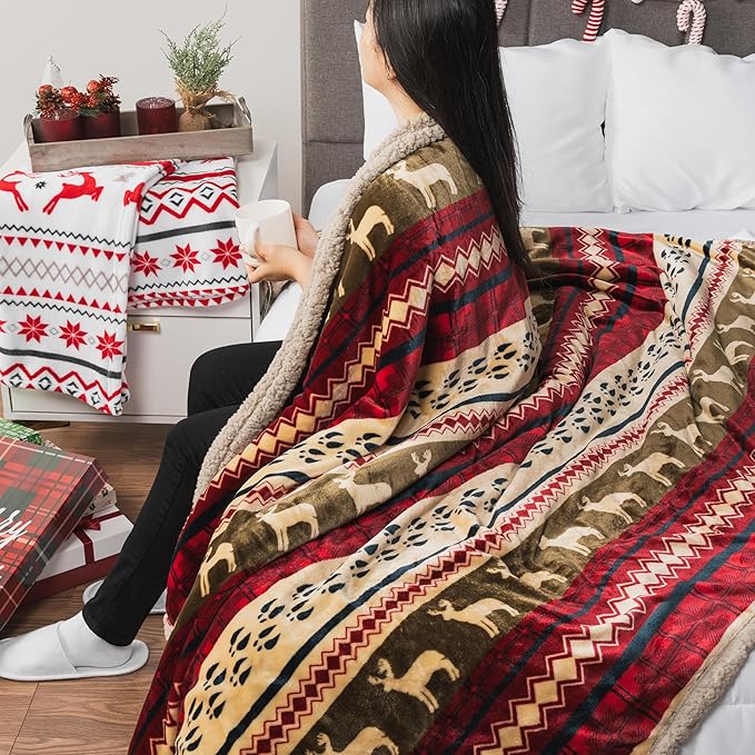 PAVILIA Premium Christmas Blanket Sherpa Fleece Throw Twin| Plush Christmas Decoration, Reindeer, Cozy Reversible Winter Holiday Cabin Blanket for Sofa Couch 60x80