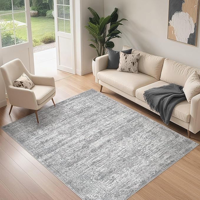 Area Rug Living Room Rugs - 4x6 Large Soft Indoor Neutral Modern Abstract Low Pile Washable Rug Carpet for Bedroom Dining Room Farmhouse Home Office - Vintage Grey