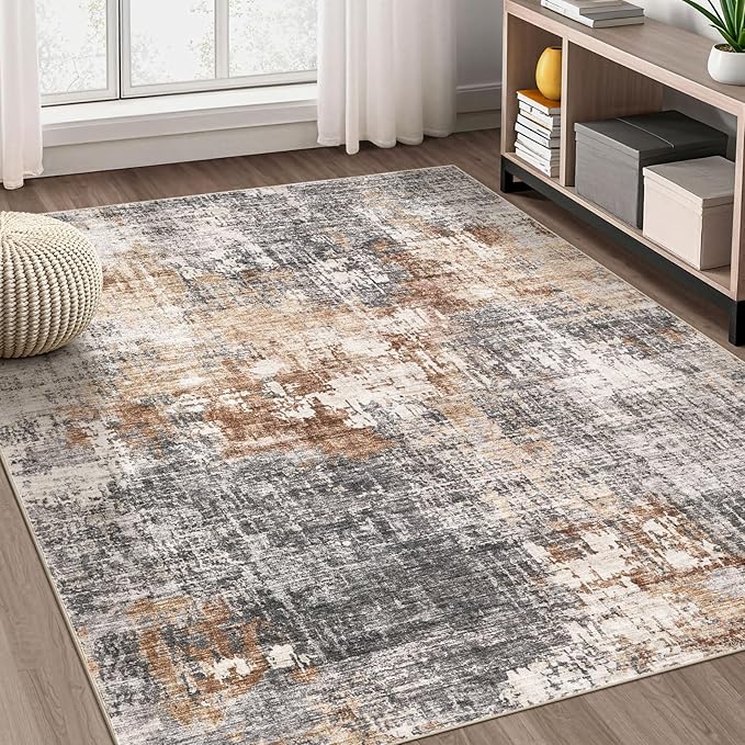 Area Rug Living Room Rugs - 10x14 Washable Large Soft Indoor Neutral Modern Abstract Low Pile Rug Carpet for Bedroom Dining Room Farmhouse Home Office - Grey Brown