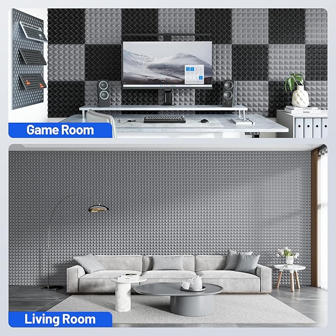 12 Pack Pyramid Sound Proof Foam Panels for Walls with Updated Self-Adhesive 3"X12"X12" High Density Acoustic Panels Sound Absorbing Fast-Expanding Soundproof Wall Panels for Gaming Studio Decor- Gray