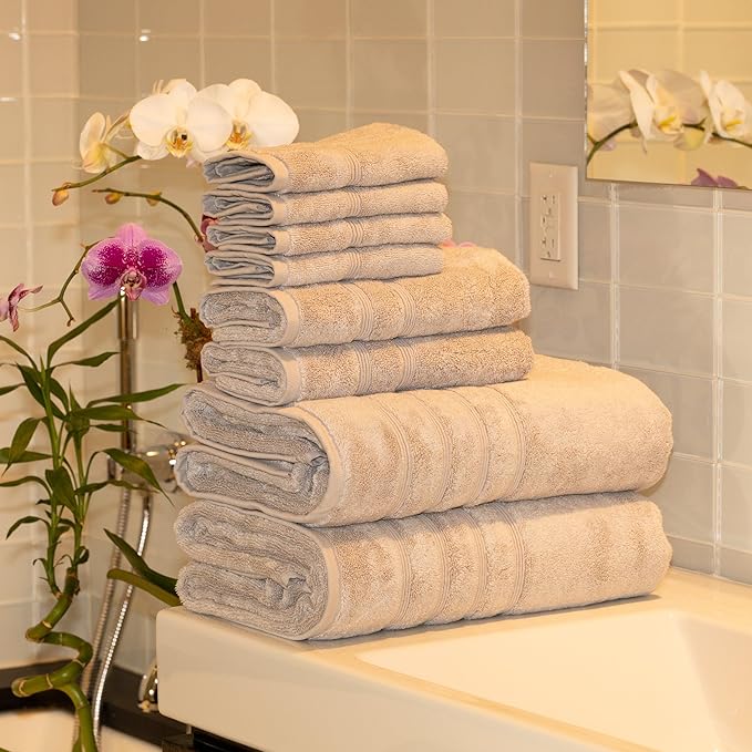 Mosobam Luxury Turkish 8pc XL Towel Set 35X70 16X30 13X13 Light Grey (Gray) 700 GSM Bamboo Viscose & Aegean Turkish Combed Cotton