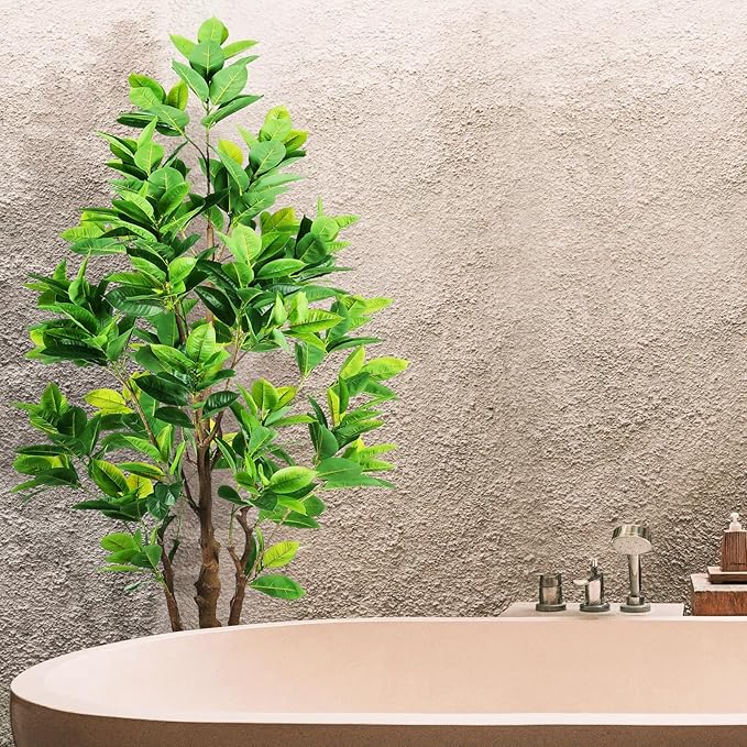 7.2ft Artificial Rubber Tree (85in) with Plastic Nursery Pot Fake Tree, Faux Ficus Plant for Office House Farmhouse Living Room Home Decor (Indoor/Outdoor)