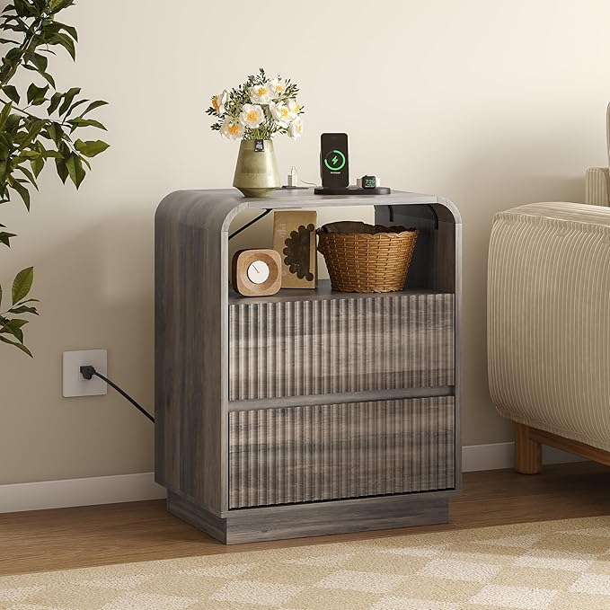Dresser with 2 Drawers and Charging Station, Fluted Bedside Table with Round Curved Corner, Hidden Handles, 2 AC Outlets and 2 USB Ports, Modern Wood End Table with Open Shelf for Bedroom