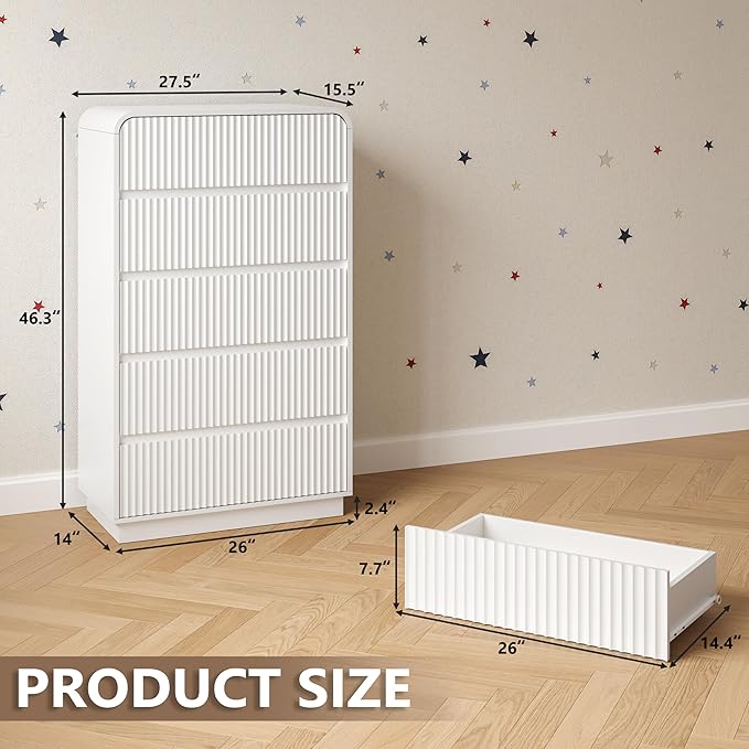 Tall Dresser for Bedroom with 5 Drawers, Fluted Chest of Drawers with Round Curved Corner, Hidden Handles, Modern Wood Storage Organizer for Bedroom, Nursery, Living Room