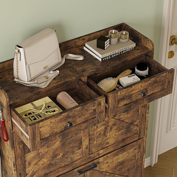 Shoe Storage Cabinet for Entryway, Farmhouse Narrow Shoe Cabinet with 2 Flip Drawers & Top Drawers, Adjustable Shelves & Hooks, Freestanding Hidden Rack Organizer for Hallway, Foyer