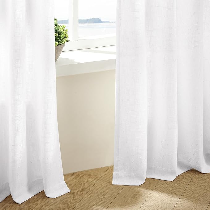 Snow White Pinch Pleated Linen Curtains 92 Inches Long 2 Panels for Living Room Bedroom Memory Training Shaped Semi Sheer Pleat Drapes with Hooks Rings Light Filtering Window Curtain 40x92