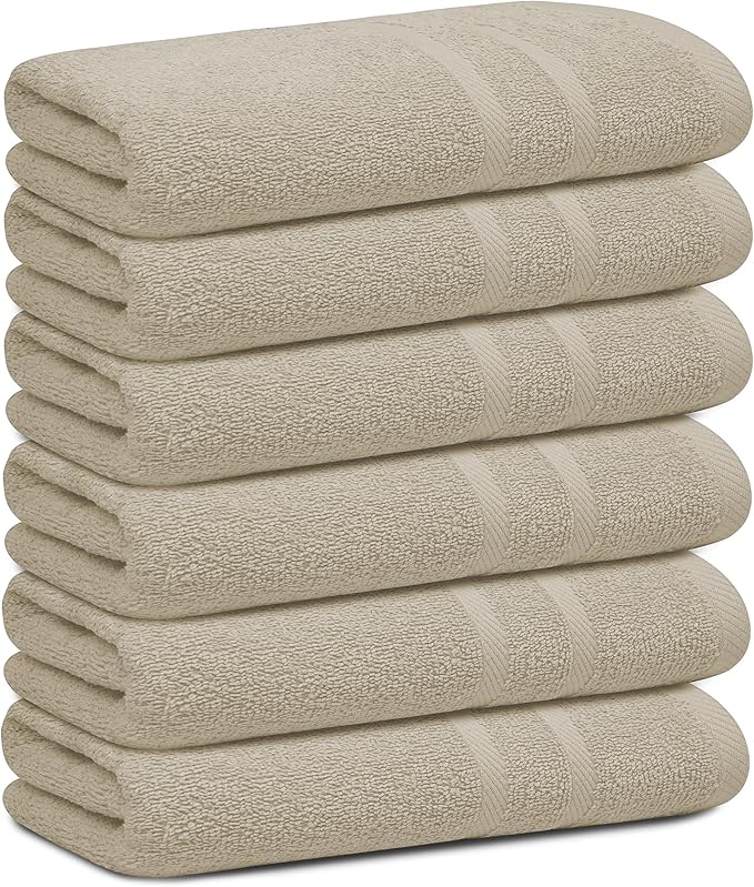 Looperry 6 Pack Small Bath Towel Set - 100% Cotton 23x46 Shower Towels in 450 GSM. Lightweight & Absorbent Quick Dry Gym Towel for Showering, Pet Drying, Spas & Salons. Terry Ringspun Towels (Beige)