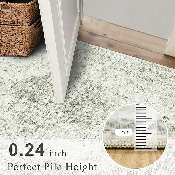 3x5 Vintage Washable Area Rugs Boho Medallion Large Distressed Retro Accent Carpet Floral Non-Slip Soft Low Pile Indoor Throw Rug for Living Room Bedroom Dining Room Office Kitchen, Green