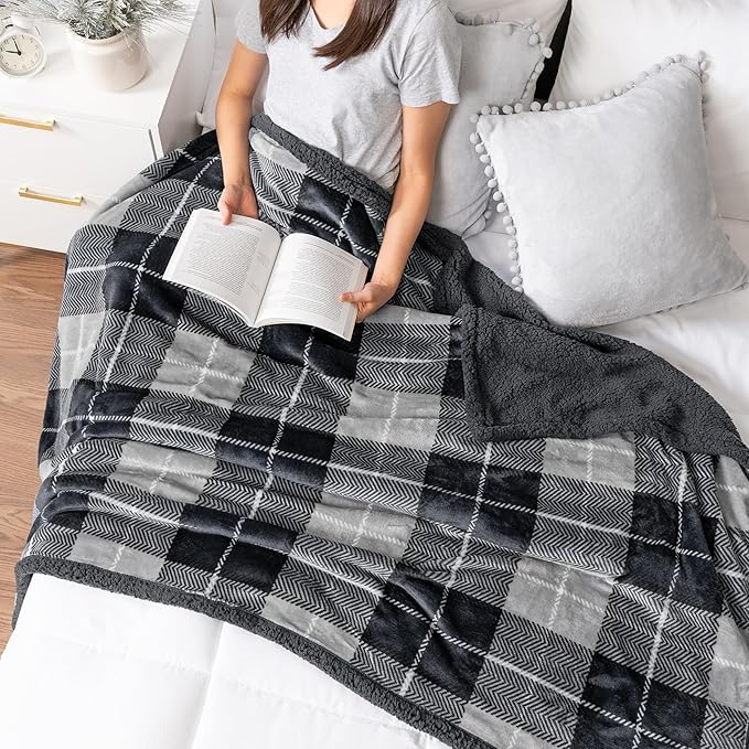PAVILIA Premium Sherpa Twin Size Blanket | Plaid Design Flannel Fleece Twin Bed Blanket | Plush, Soft, Cozy, Warm, Lightweight Microfiber, Reversible, All Season Use (Plaid Charcoal , 60 x 80 Inches)