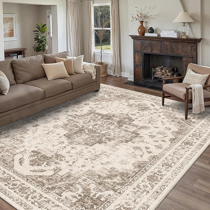 8x10 Vintage Washable Area Rugs Boho Medallion Large Distressed Retro Accent Carpet Floral Non-Slip Soft Low Pile Indoor Throw Rug for Living Room Bedroom Dining Room Office Kitchen, Taupe
