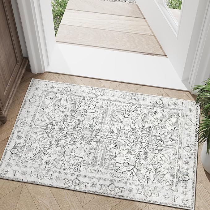 jinchan Lima 2x3 Washable Rug for Entryway - Vintage Floral Ultra-Thin Low Pile Soft Small Non Slip Distressed Indoor Door mat Accent Area Rug for Entrance Kitchen Bathroom Bedroom (2x3ft, Grey)