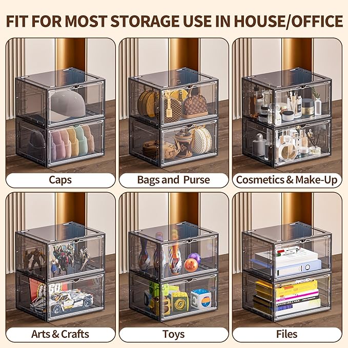 6 Pack XX Large Shoe Organizer, Heavy-Duty Hard Thicken Plastic Clear Stackable Shoe Storage Box Organizer for Closet, Space-Saving Shoe Rack Display Case Bin Containers for Sneakers, Grey