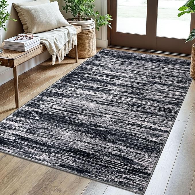 3x5 Modern Abstract Area Rug for Entryway, Black Super Soft Washable Rug with Non-Slip, Low-Pile Door Mat Indoor for Living Room Bedroom, Carpet with Non-Shedding