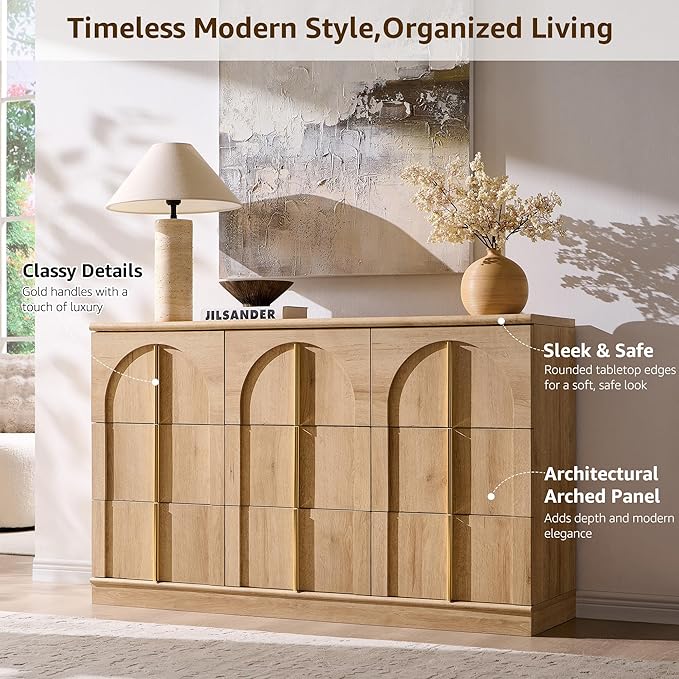 ACCOHOHO Arched Dresser for Bedroom with 9 Drawers, 52" Wide Modern Chest of Drawers with Rounded Edge & Metal Handles, Wood Storage Closet Dressers TV Stand for Living Room, Hallway, Natural Oak