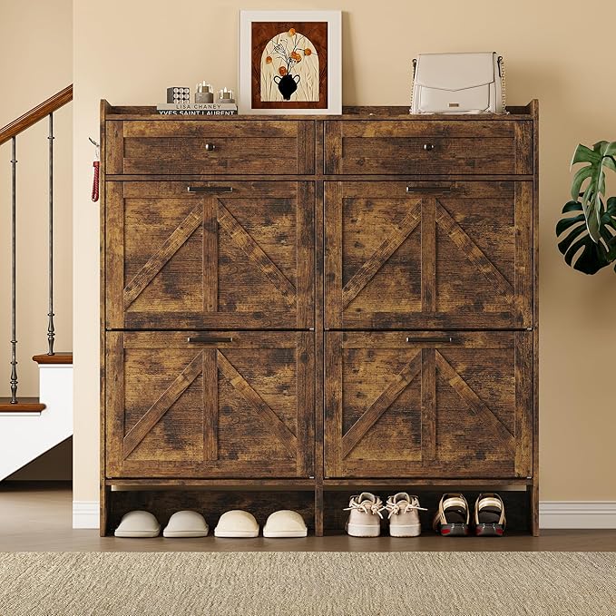 Shoe Storage Cabinet for Entryway, Farmhouse Wide Shoe Cabinet with 4 Flip Drawers and 2 Top Drawers, Freestanding Organizer with Adjustable Shelves, Hooks, and Anti-Tip Kit for Hallway