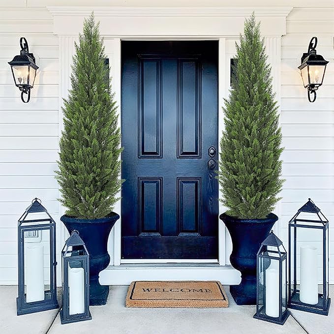 Briful 5ft Cedar Topiary Trees Artificial Outdoor Set of 2, Realistic Faux Cedar Pines with Pots, UV Resistant Christmas Greenery for Holiday Decor, Indoor Farmhouse Entryway Patio Door Plants